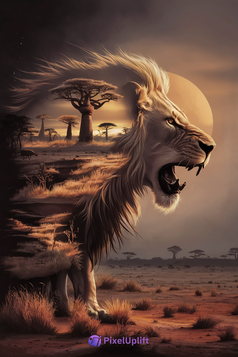 Surreal roaring lion blending into African savanna landscape with golden sunset, tall grass, and baobab trees