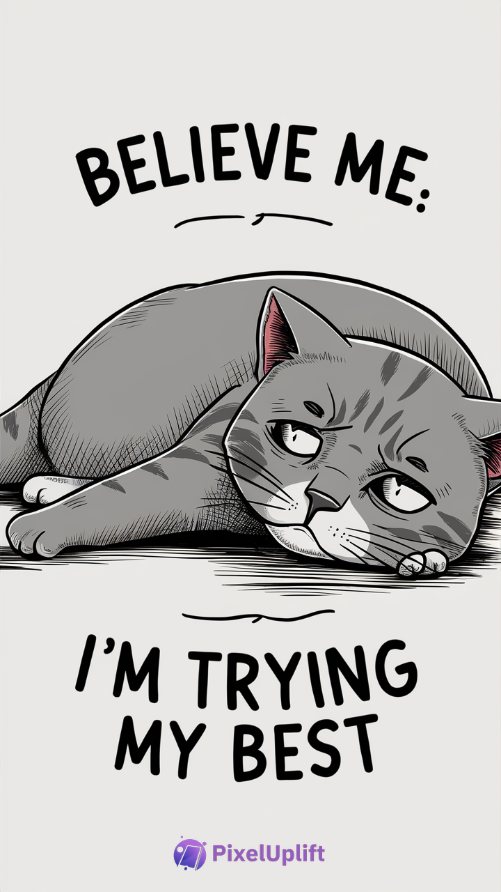 Illustration of a gray striped cat lying down with a tired expression and text reading 'BELIEVE ME: I'M TRYING MY BEST' on a plain background