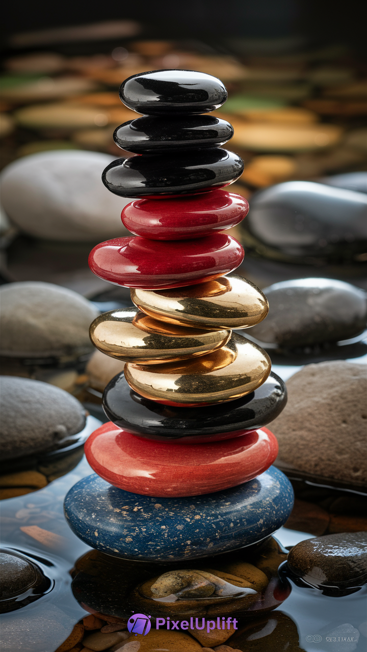 Zen balanced stack of polished colorful stones on wet surface with blurred background phone wallpaper