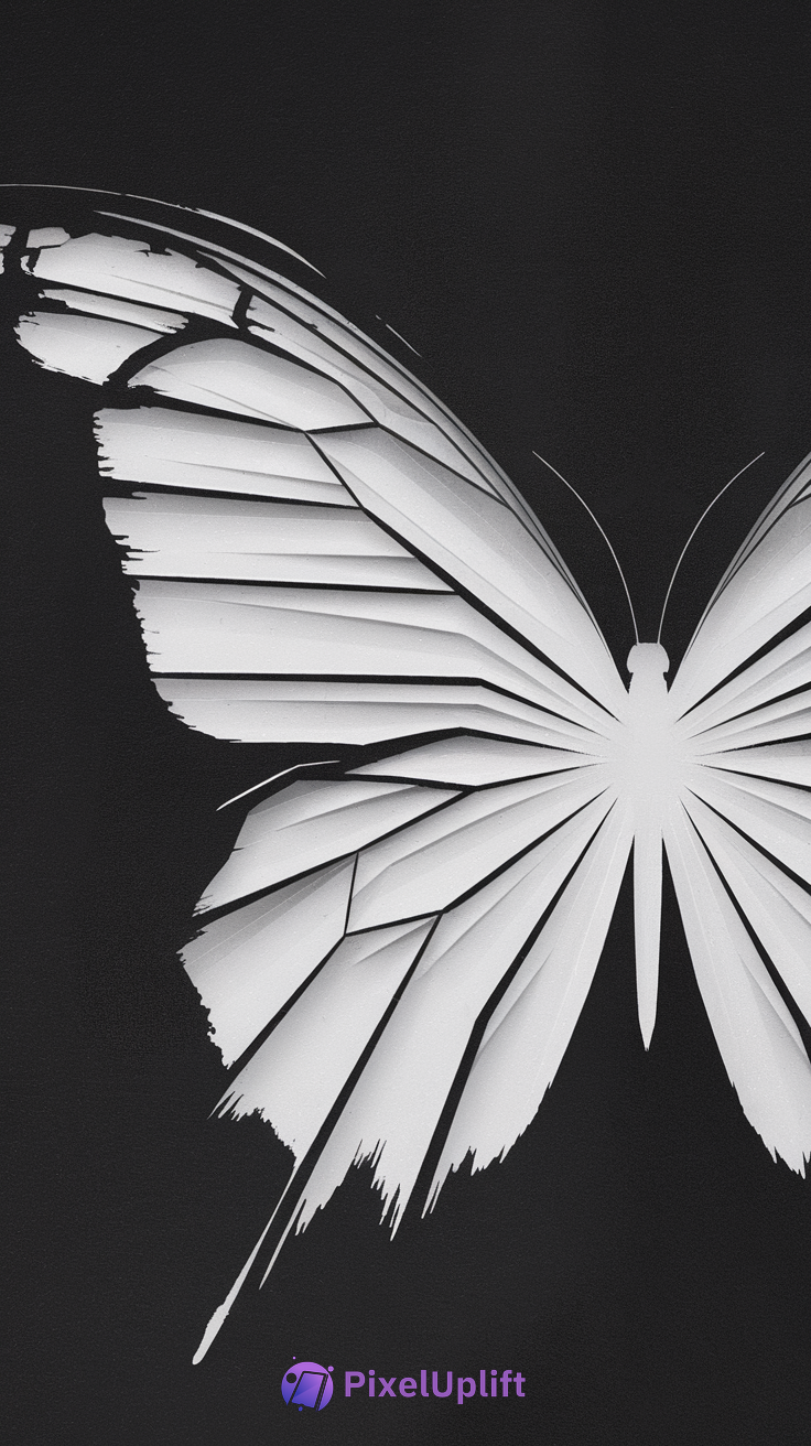 Abstract black and white butterfly phone wallpaper with geometric fragmented wings on solid black background