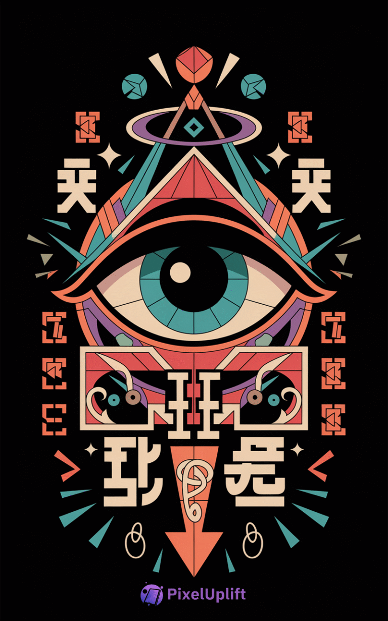 Abstract symmetrical phone wallpaper with a large stylized eye in teal, black, and beige on a black background with geometric shapes and mystic symbols