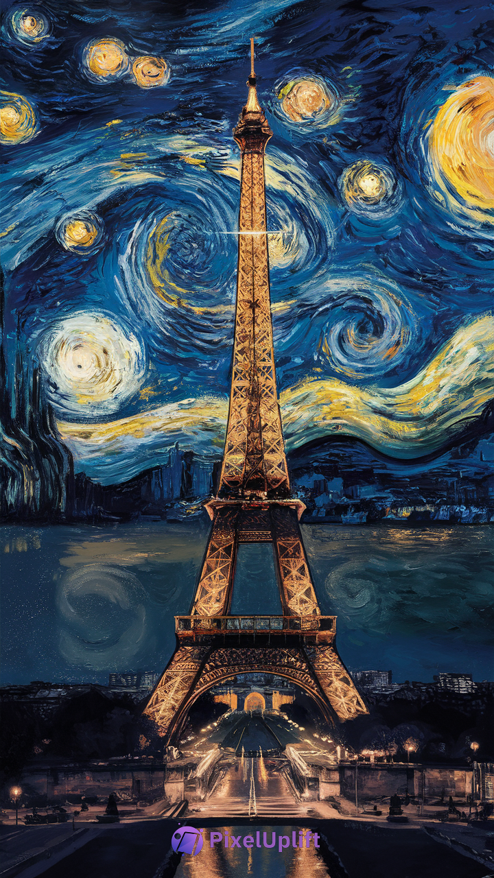 Artistic phone wallpaper showing the illuminated Eiffel Tower against a swirling Starry Night style sky with vibrant blues, yellows, and whites