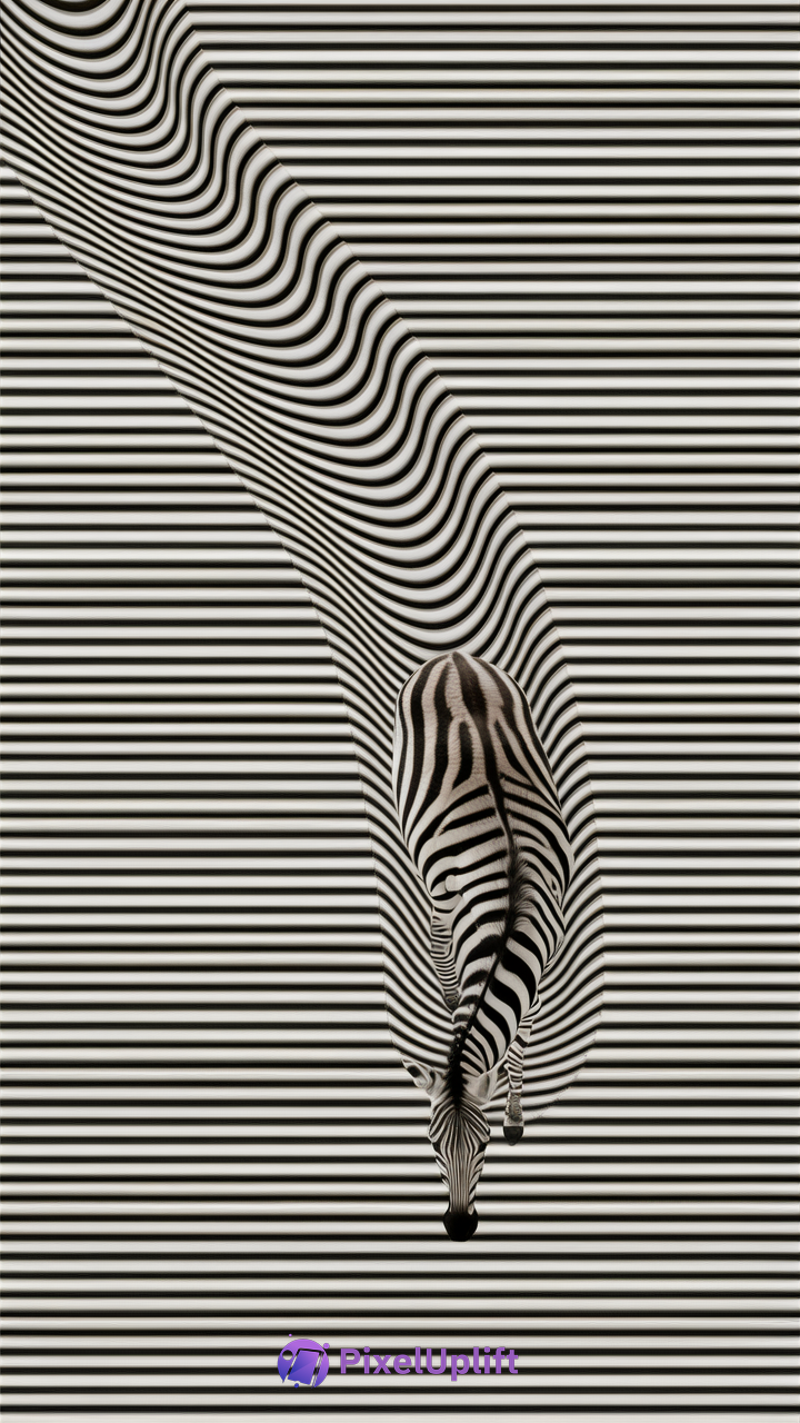 Artistic zebra optical illusion phone wallpaper with black and white striped background blending with zebra stripes