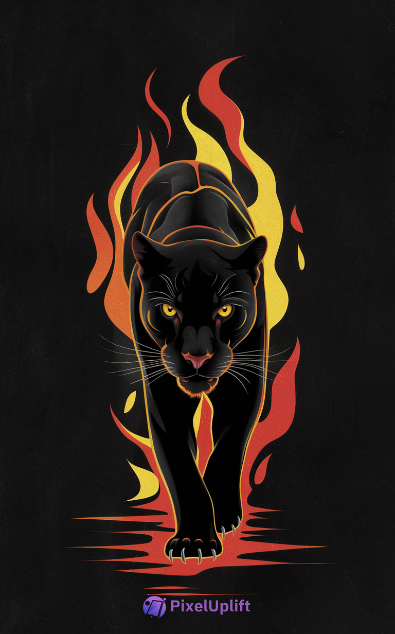 Stylized black panther walking forward with bright yellow eyes and fiery red orange flames on black background phone wallpaper