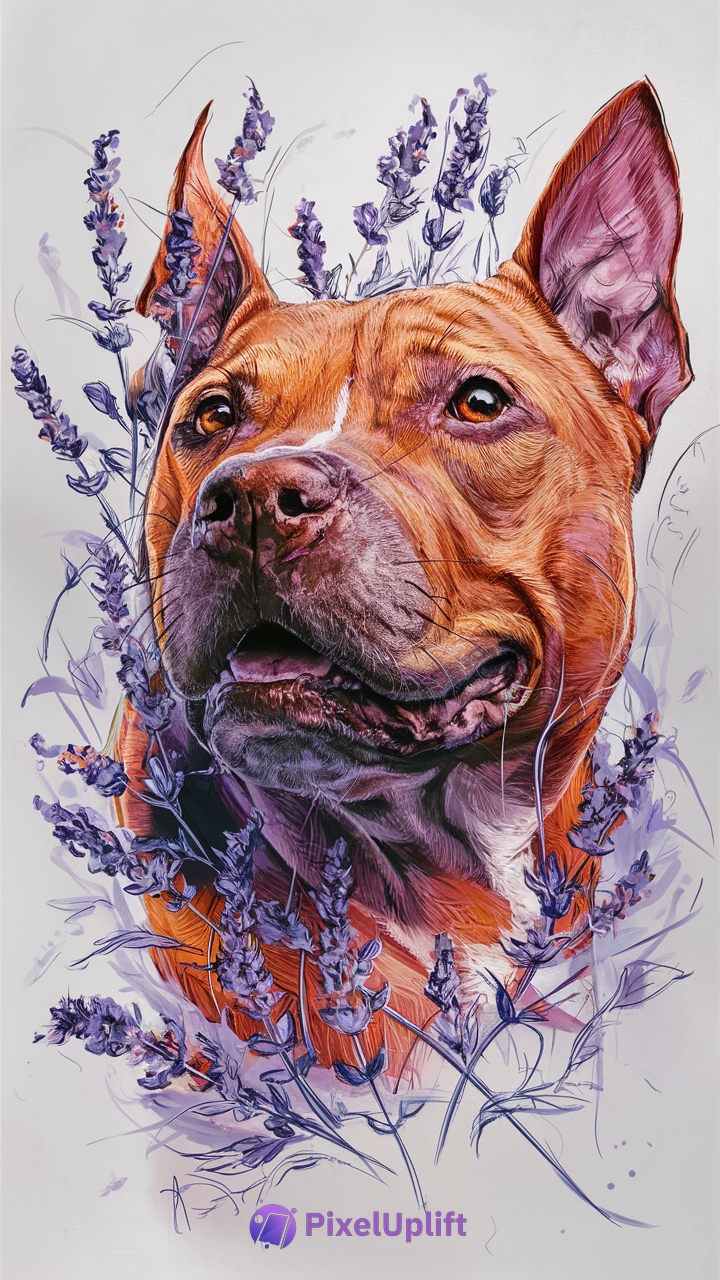 Realistic illustration of a brown dog with expressive eyes and upright ears surrounded by purple lavender flowers on a light background