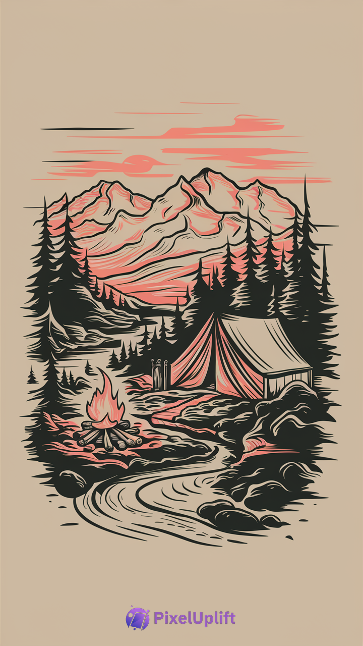 Stylized nature phone wallpaper of a mountain campsite with campfire, tent, pine trees, stream, and pink-hued sunrise sky