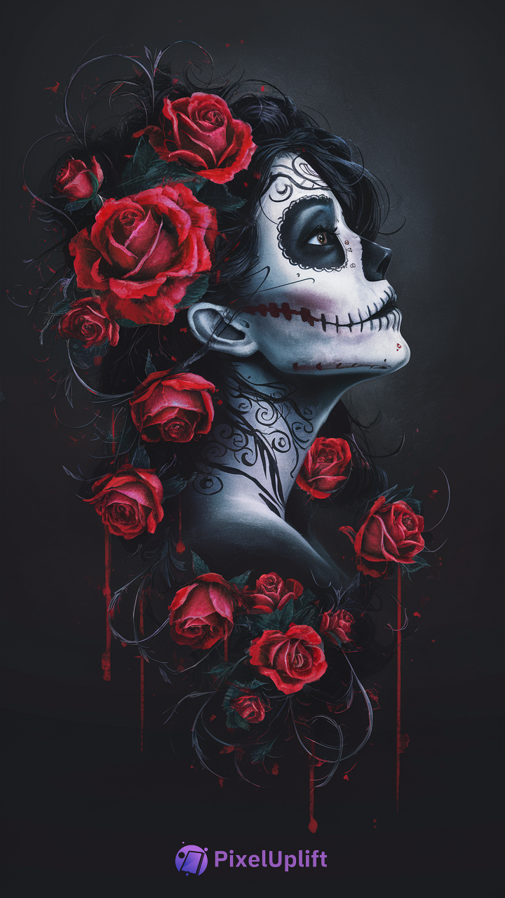 Side profile of a woman with dark sugar skull makeup surrounded by vivid red roses on a black background