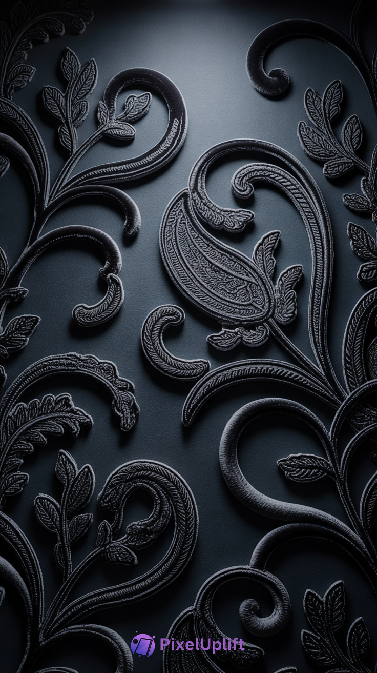 Close-up of an ornate dark floral wallpaper with raised velvet leaf and vine textures