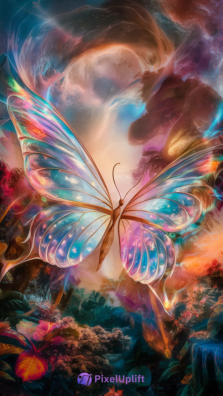 Ethereal colorful butterfly with translucent wings against dark mystical forest wallpaper