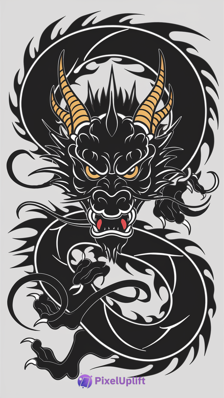 Detailed stylized illustration of a fierce black dragon with yellow eyes, orange-yellow horns, and sharp claws on a light background