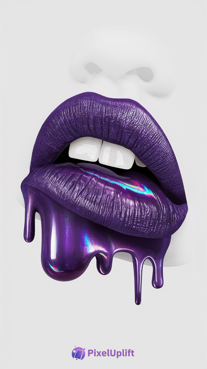 Close-up of glossy metallic purple lips with melting effect on white background phone wallpaper
