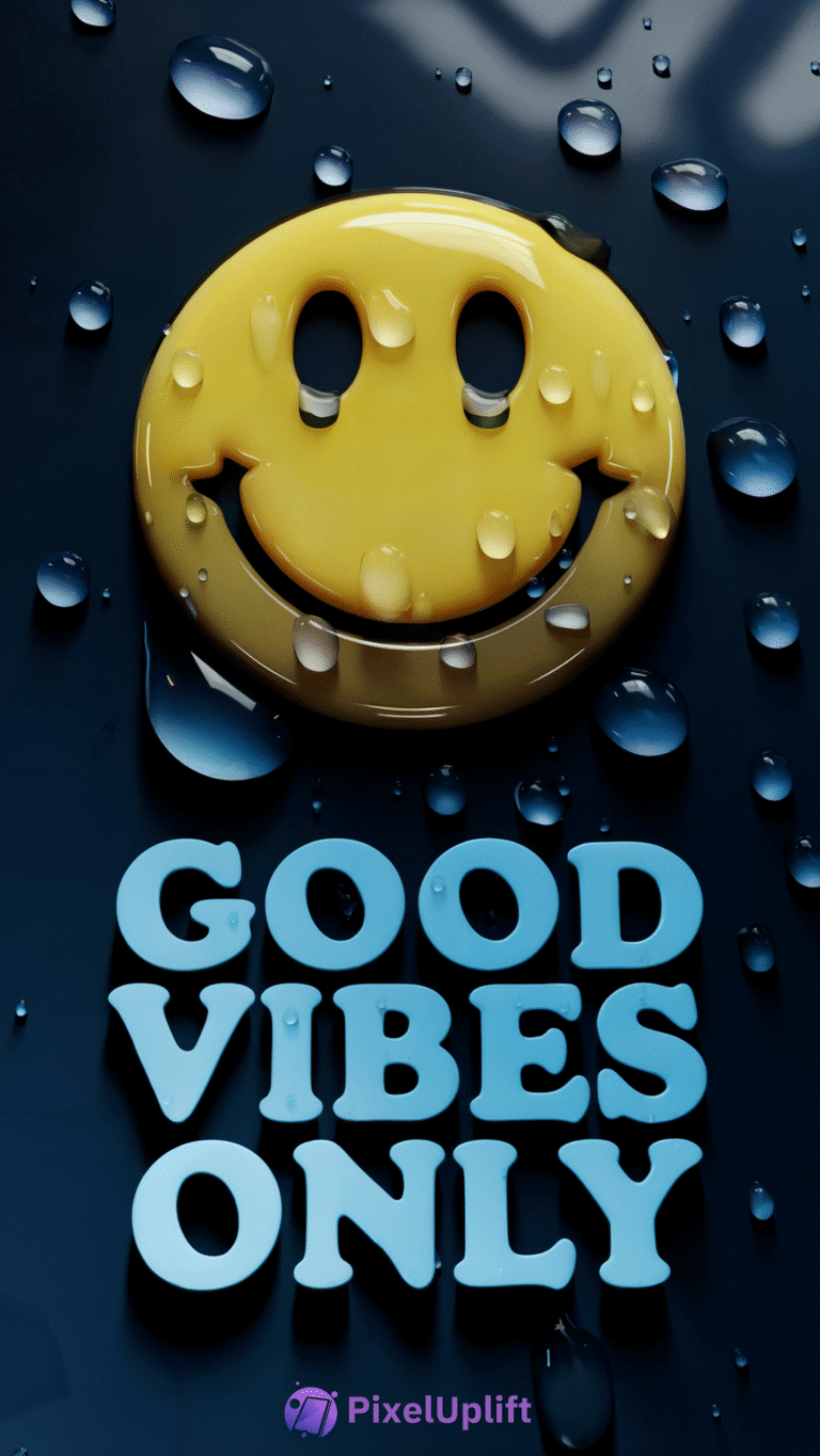 Glossy yellow smiley face with water droplets and light blue 3D text saying Good Vibes Only on dark background phone wallpaper