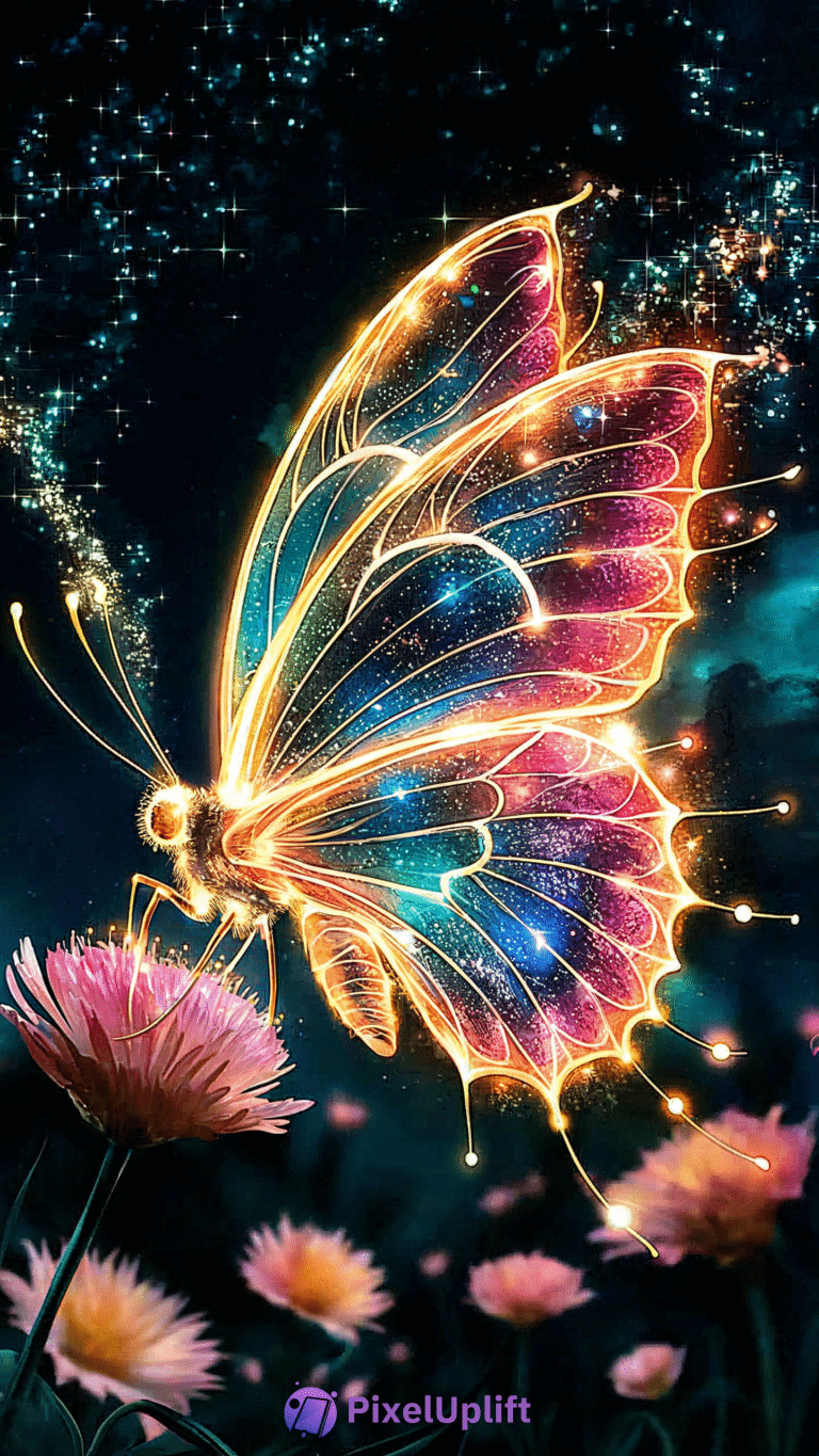 Glowing butterfly with blue, purple, and pink wings perched on a pink flower against a dark background