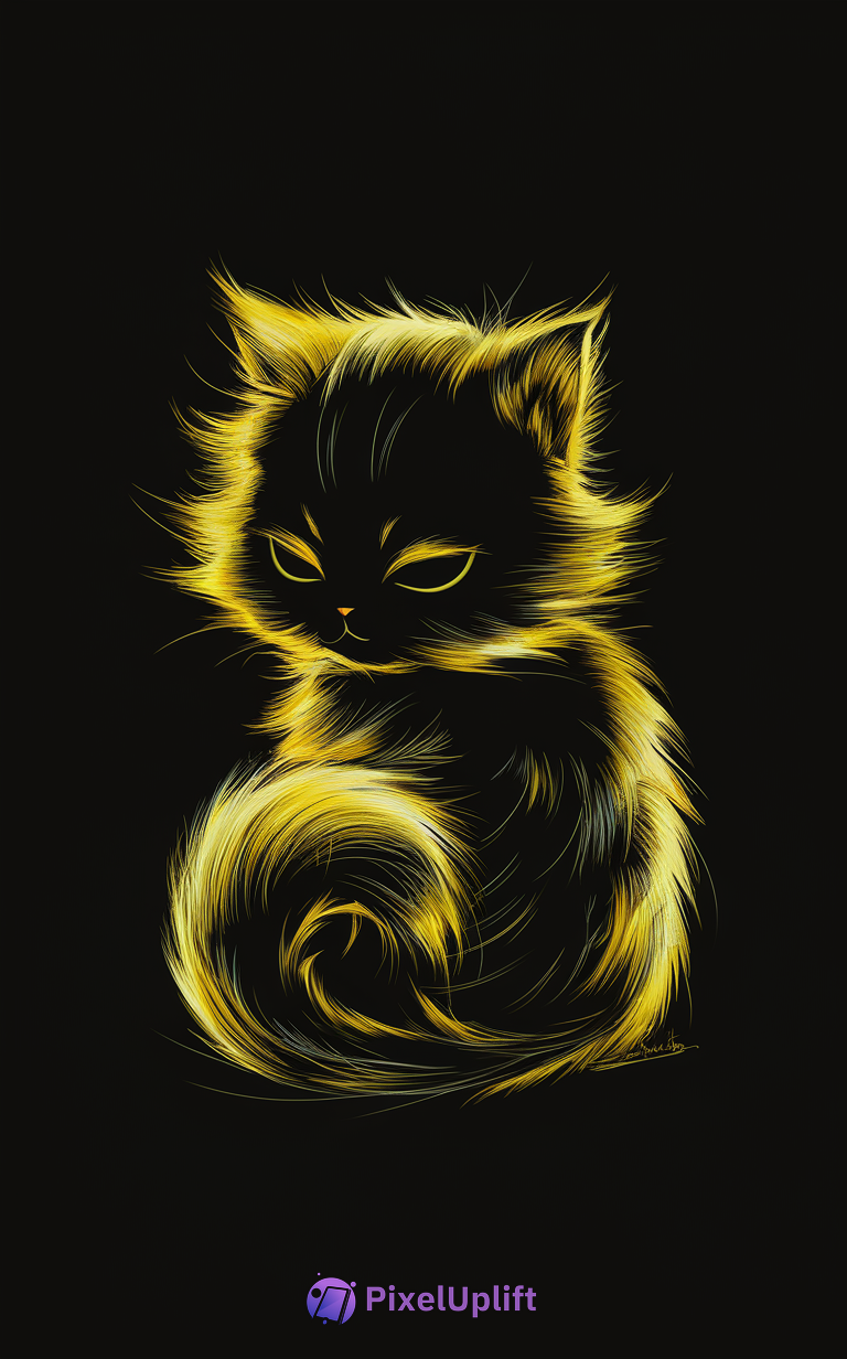 Digital artwork of a glowing yellow cat with ethereal fur on black background phone wallpaper