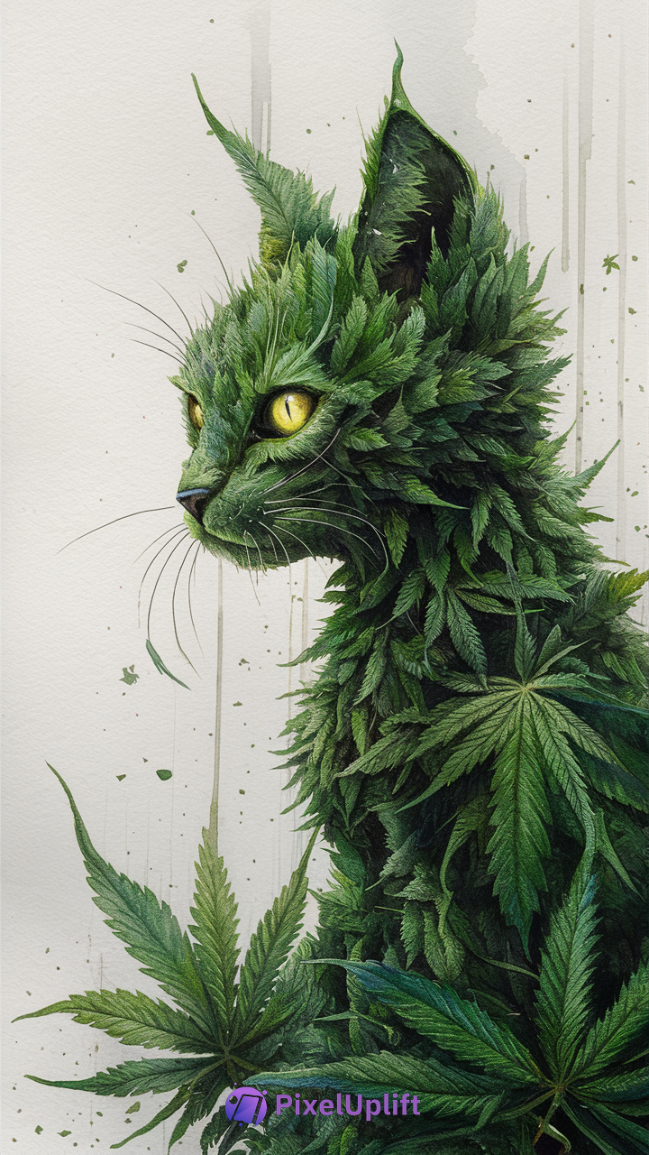 Realistic green leaf cat artwork phone wallpaper with yellow eyes and botanical textures