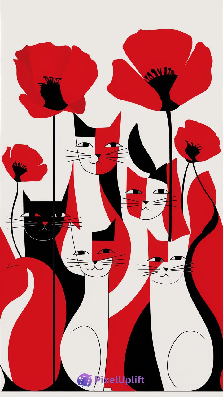 Minimalist phone wallpaper showing five stylized cats among tall red poppy flowers in bold red, black, and white colors