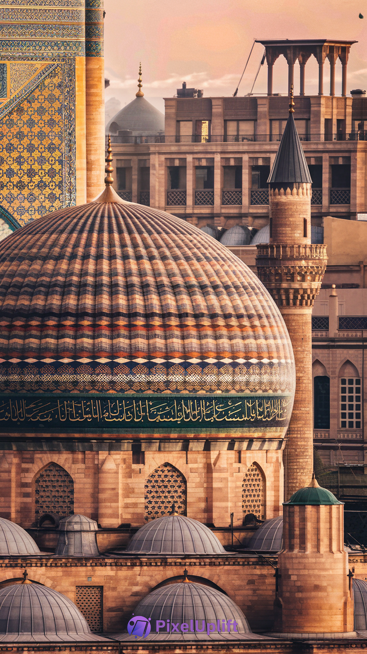 Stunning mosque with large multicolored geometric patterned dome, Arabic calligraphy band, tall minaret, and warm golden lighting
