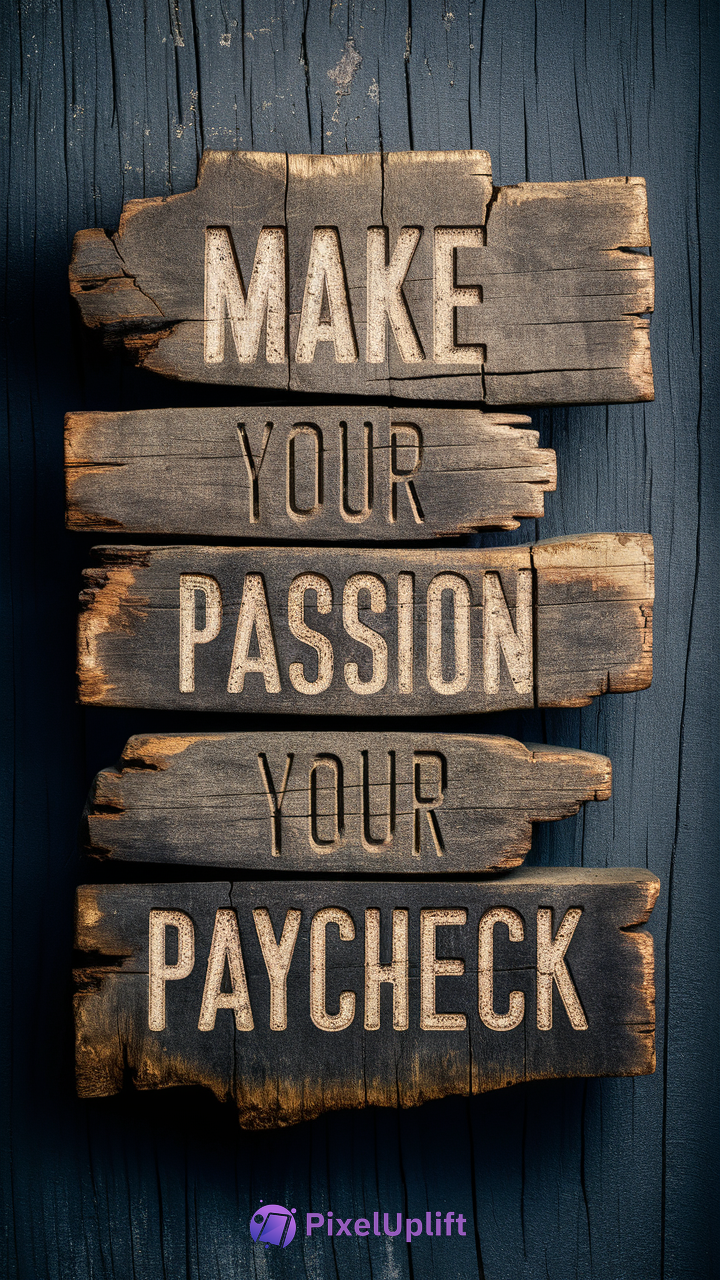 Phone wallpaper showing motivational quote MAKE YOUR PASSION YOUR PAYCHECK carved into weathered rustic wood pieces on dark blue textured background