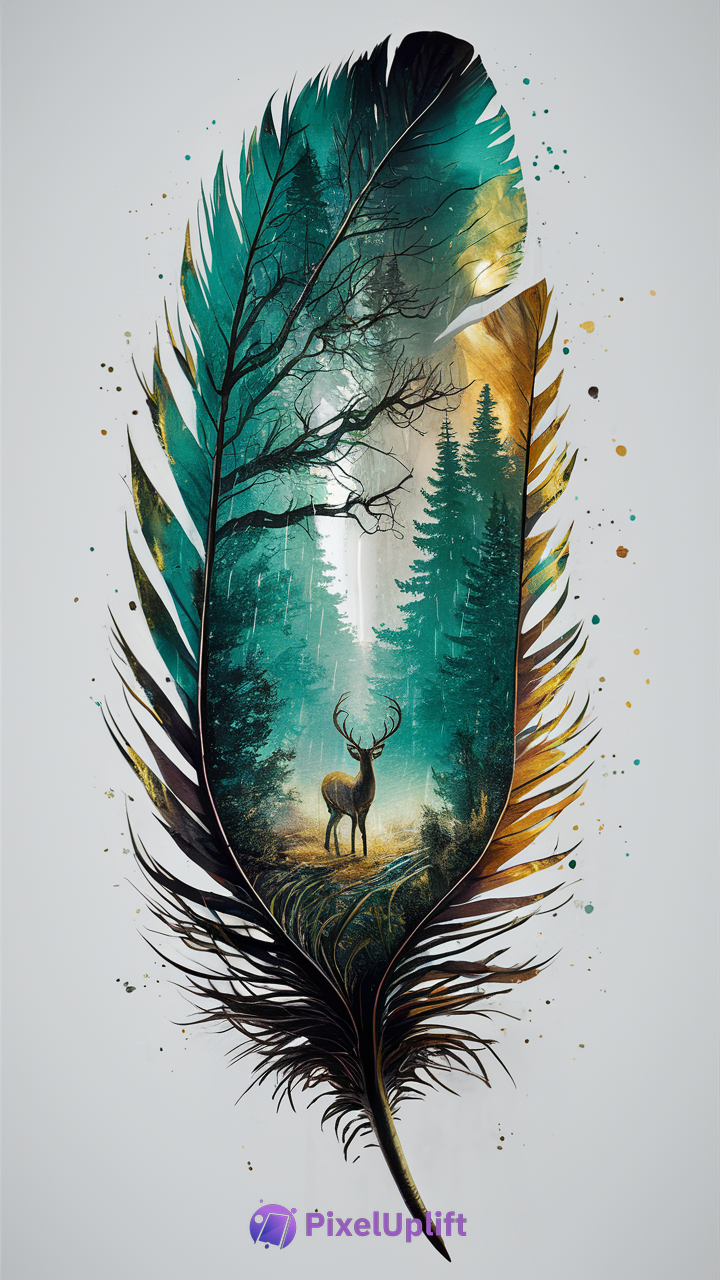 Artistic phone wallpaper of a large feather containing a detailed nature scene with a majestic deer and forest in teal and golden hues