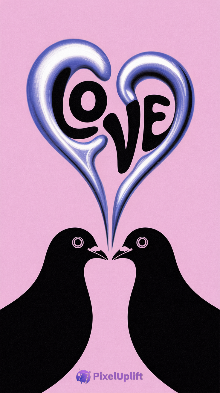 Phone wallpaper with pink background featuring two black bird silhouettes forming a heart with blue and white curved shape and the word LOVE inside