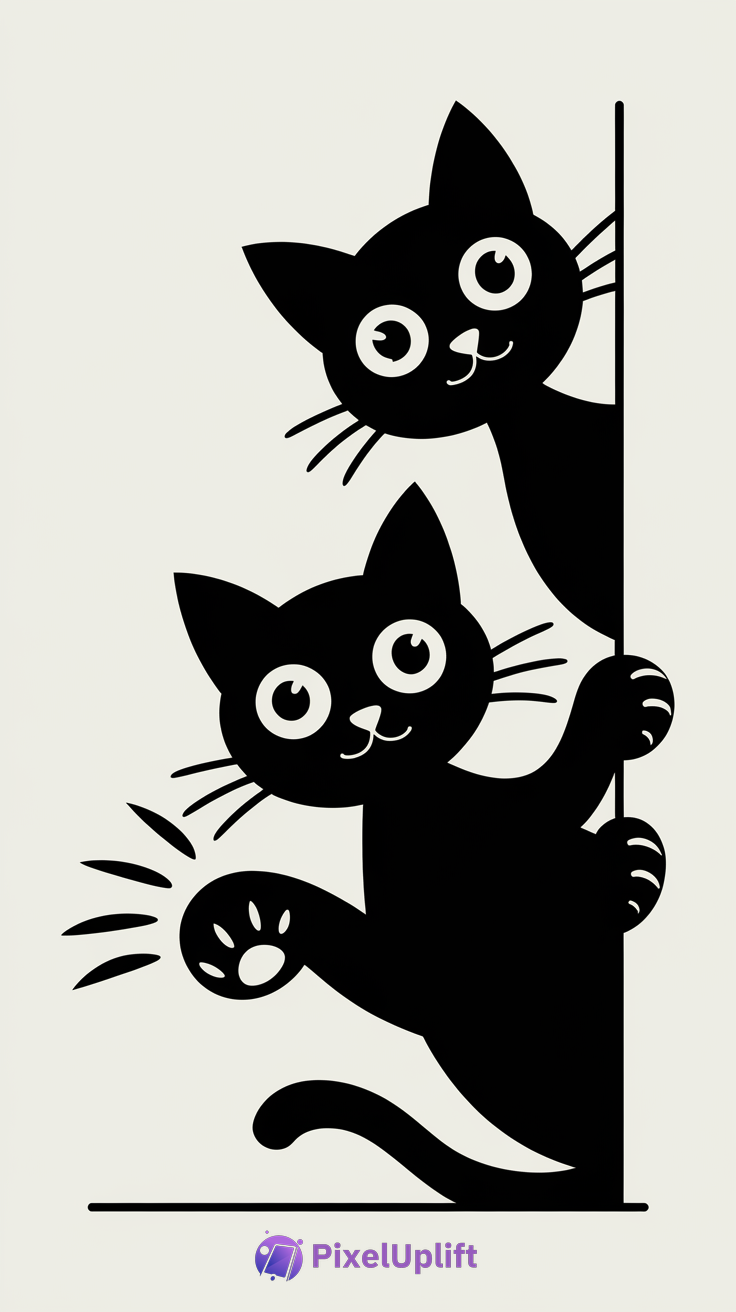 Minimalist black and white illustration of two playful black cats peeking behind a surface on phone wallpaper