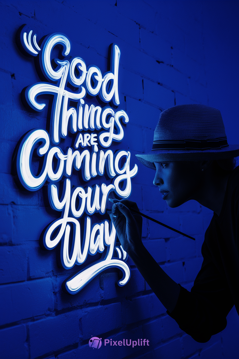 Person painting glowing white neon sign reading Good things are coming your way on a blue-toned brick wall