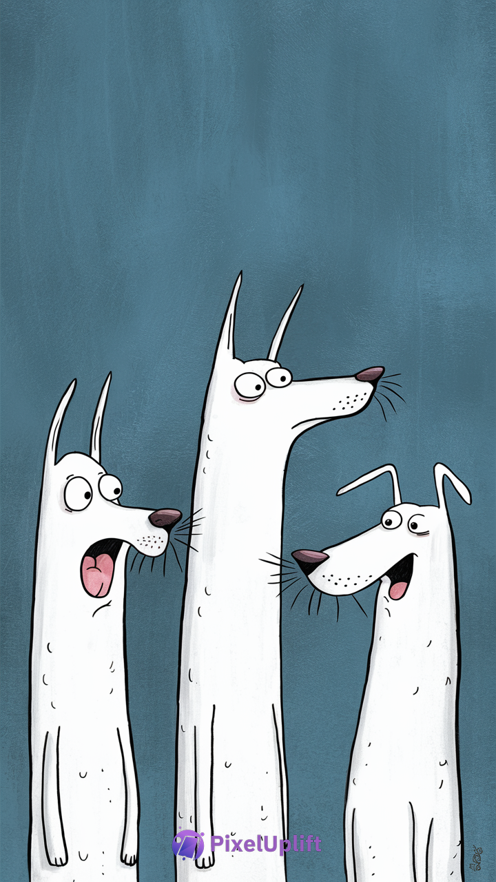 Cartoon illustration of three white dogs with different expressions standing upright on a blue background, quirky and humorous style