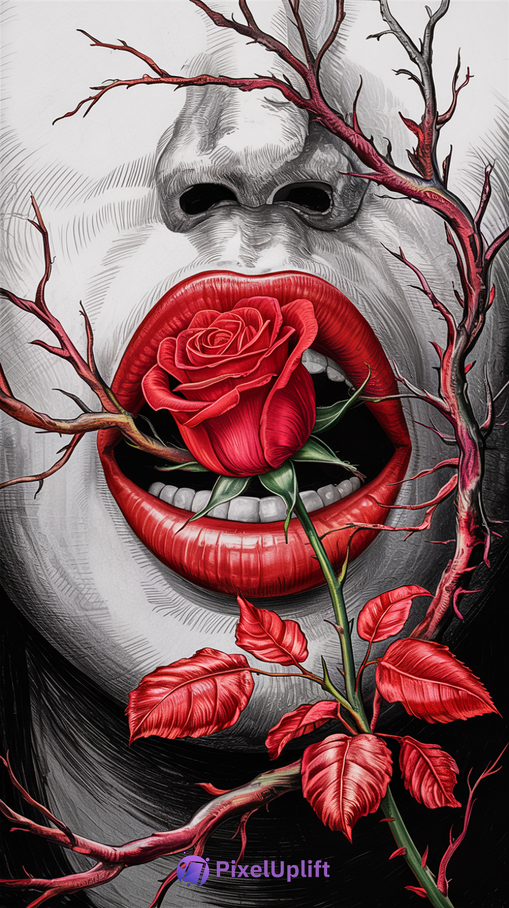 Close-up surreal phone wallpaper of red lips holding a red rose with thorny branches on grayscale skin