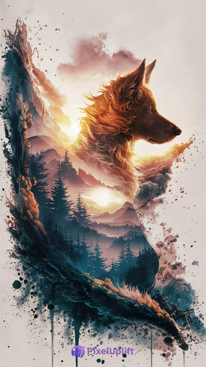 Digital artwork of a large dog's head silhouette filled with a warm sunset forest landscape, pine trees, mountains, and sunset sky