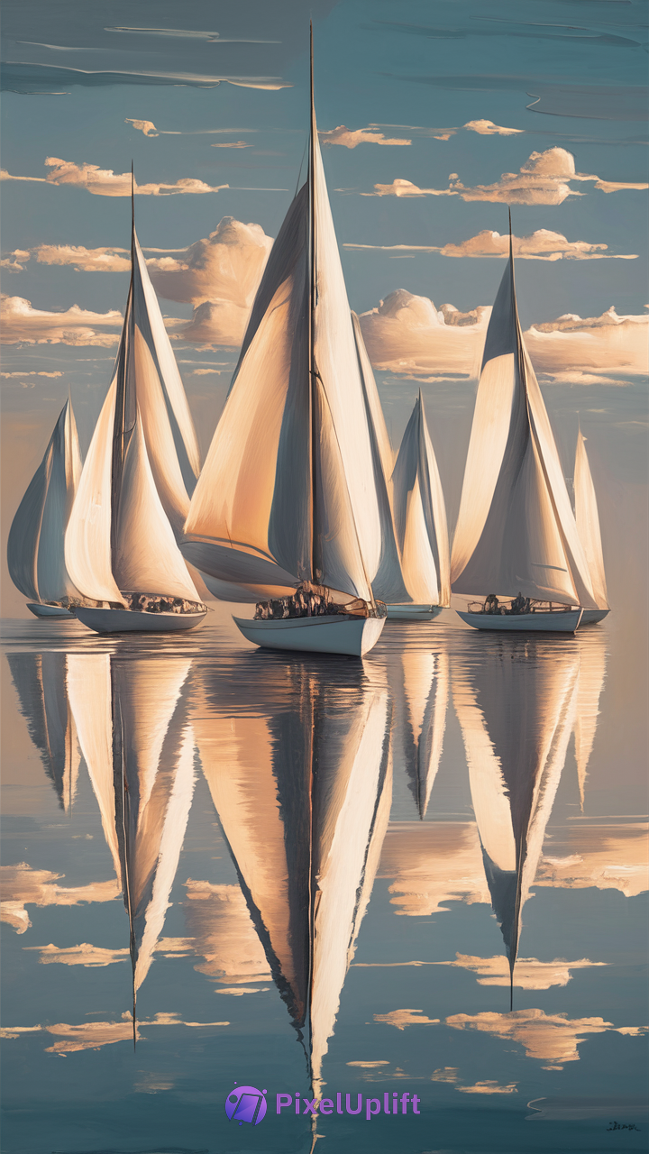 Serene sailboats gliding on calm water at sunrise with golden clouds and reflections