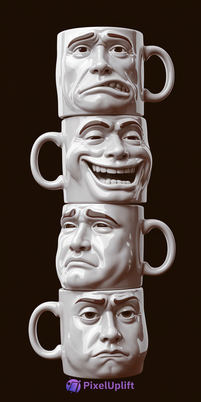 Stacked glossy white coffee mugs with detailed human faces showing anxious, happy, sad, and serious emotions on a black background phone wallpaper