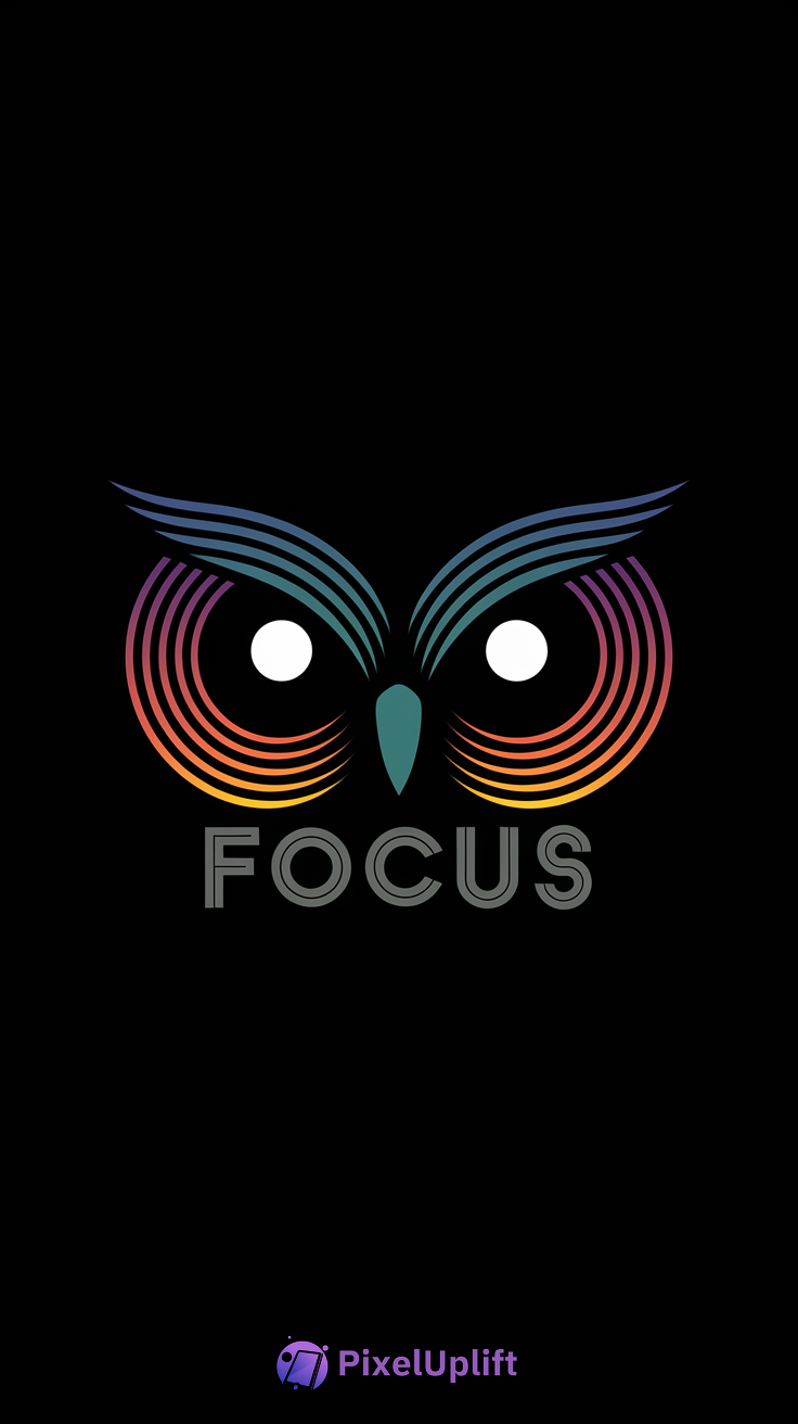 Stylized owl face phone wallpaper with gradient purple, orange, yellow feathers on black background
