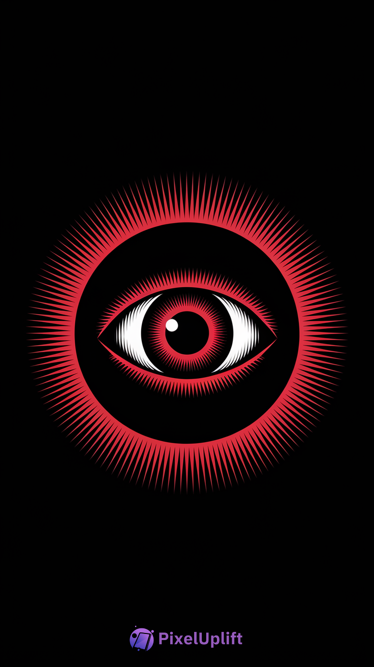 Surreal black and white eye with red sunburst rays on a dark phone wallpaper background