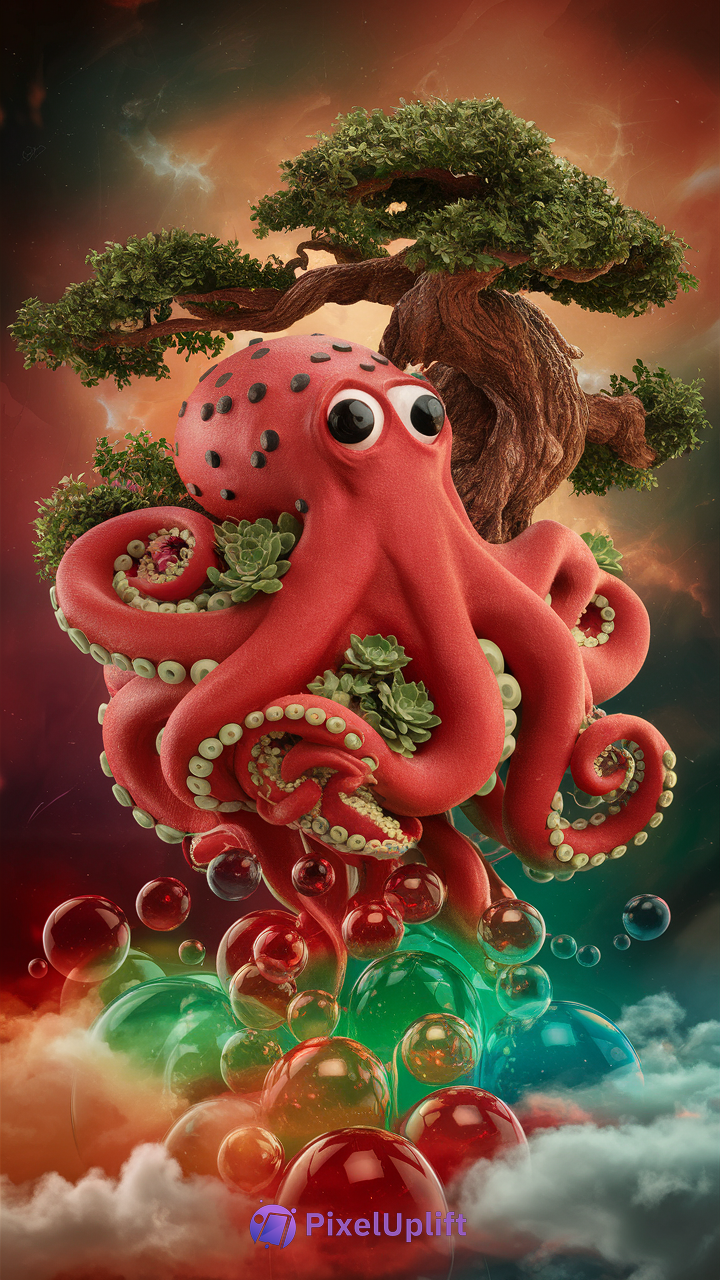 Surreal red octopus with cartoon eyes surrounded by green succulent plants and bonsai tree on a cosmic colorful background phone wallpaper