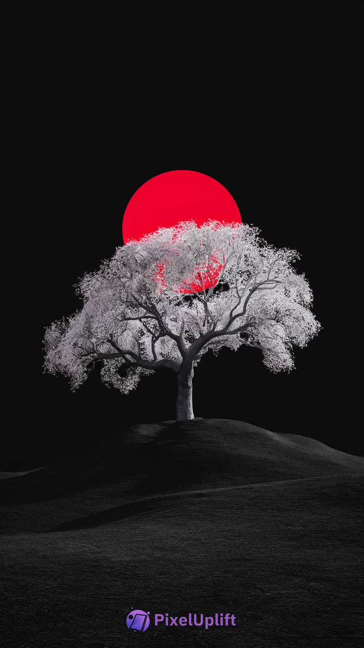 Surreal phone wallpaper of a solitary tree with light foliage on a hill against a pitch black background and a vivid red sun