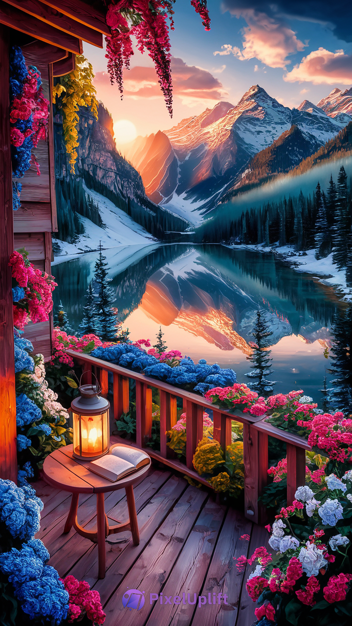 Phone wallpaper of a wooden balcony with colorful flowers overlooking a serene mountain lake and snow-capped peaks at sunset