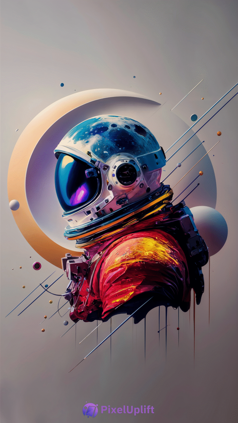 Vibrant astronaut phone wallpaper with red and yellow spacesuit, blue and purple reflective helmet visor, and abstract cosmic background