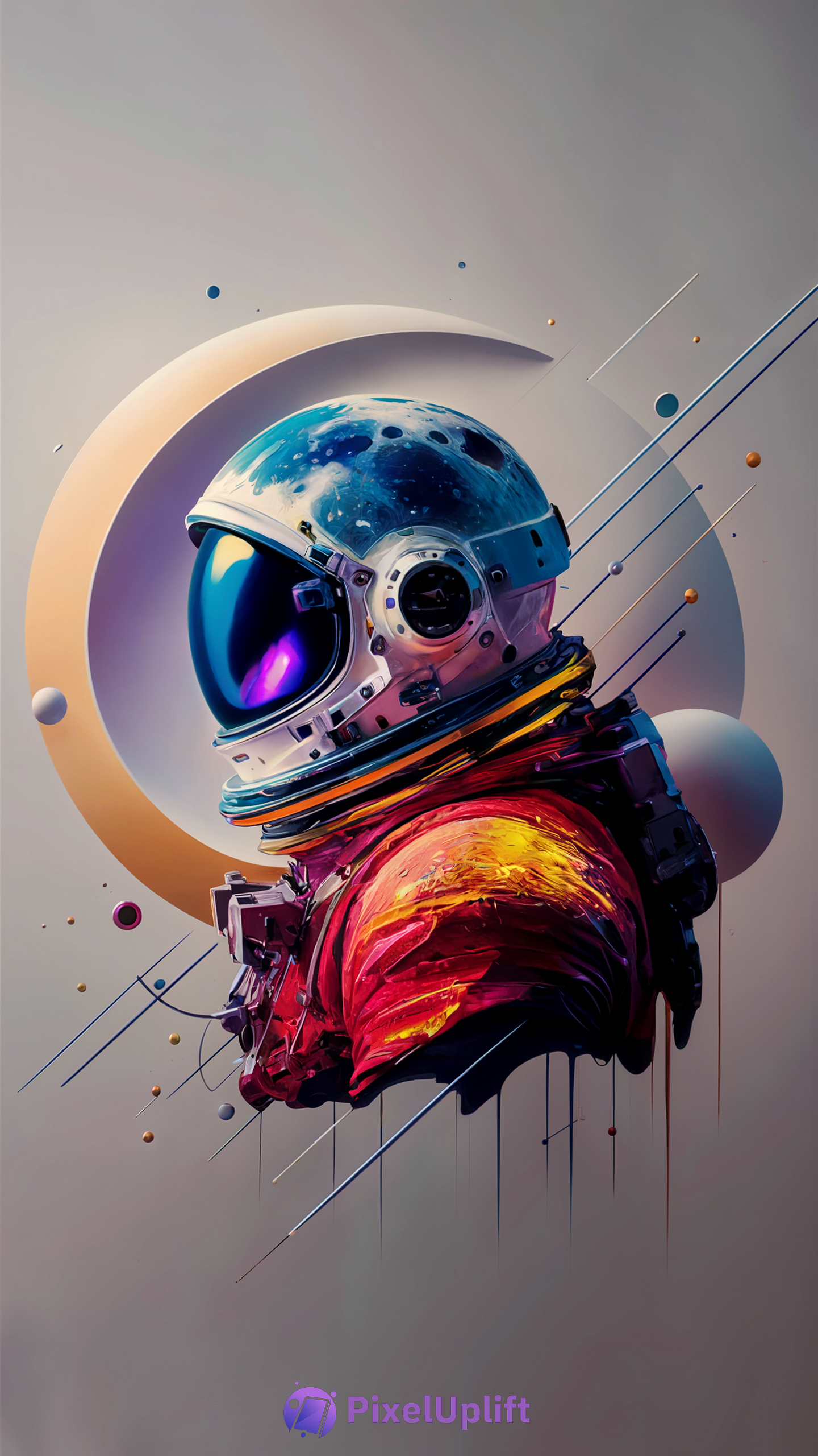Vibrant astronaut phone wallpaper with red and yellow spacesuit, blue and purple reflective helmet visor, and abstract cosmic background