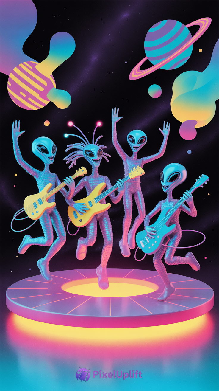 Futuristic neon alien band playing electric guitars on glowing platform in space with colorful starry background