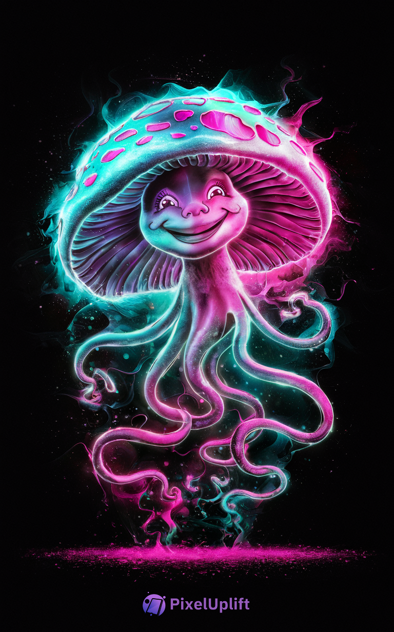 Vibrant neon jellyfish creature with turquoise mushroom cap and glowing pink twisted appendages on black background phone wallpaper