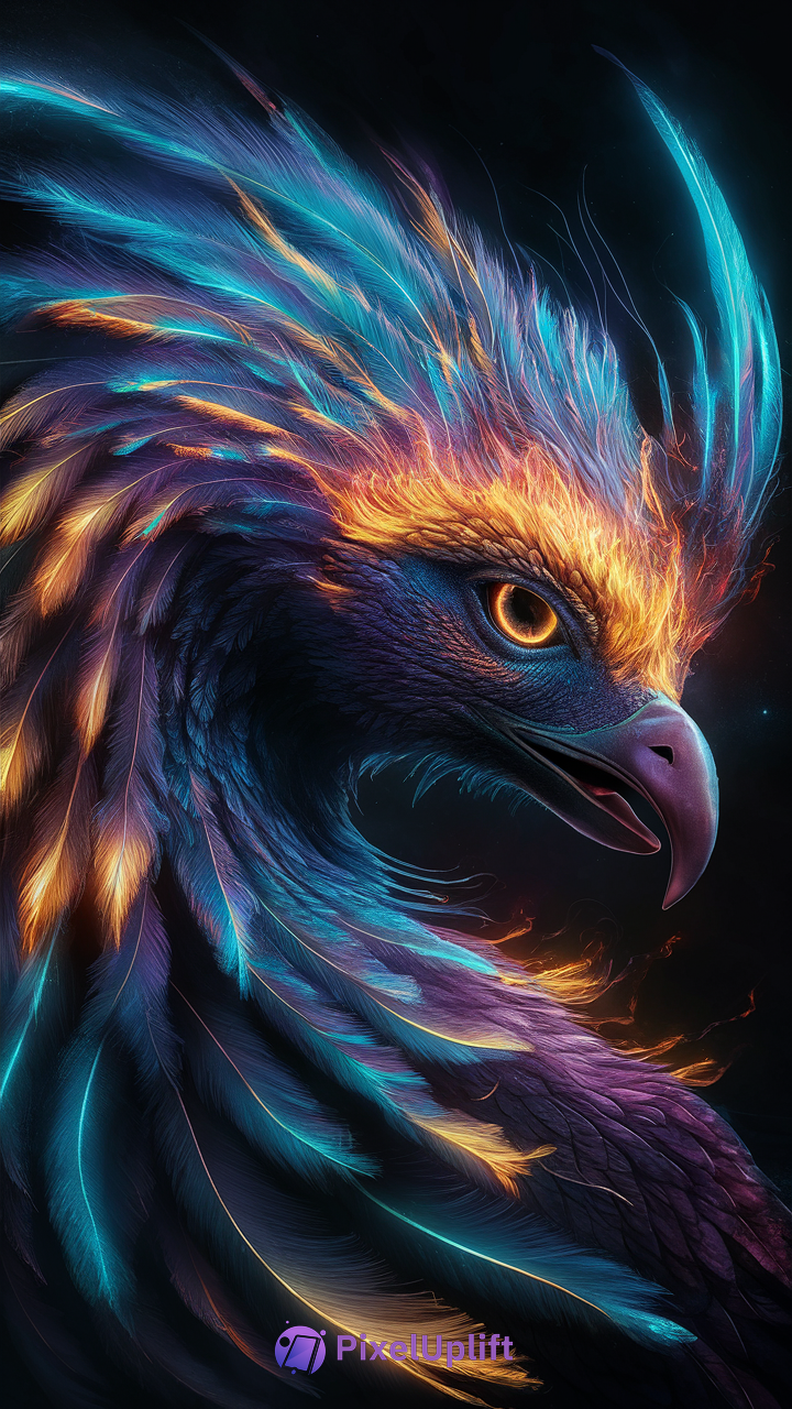 Vibrant phoenix bird with glowing blue, purple, and fiery orange feathers on a dark background phone wallpaper
