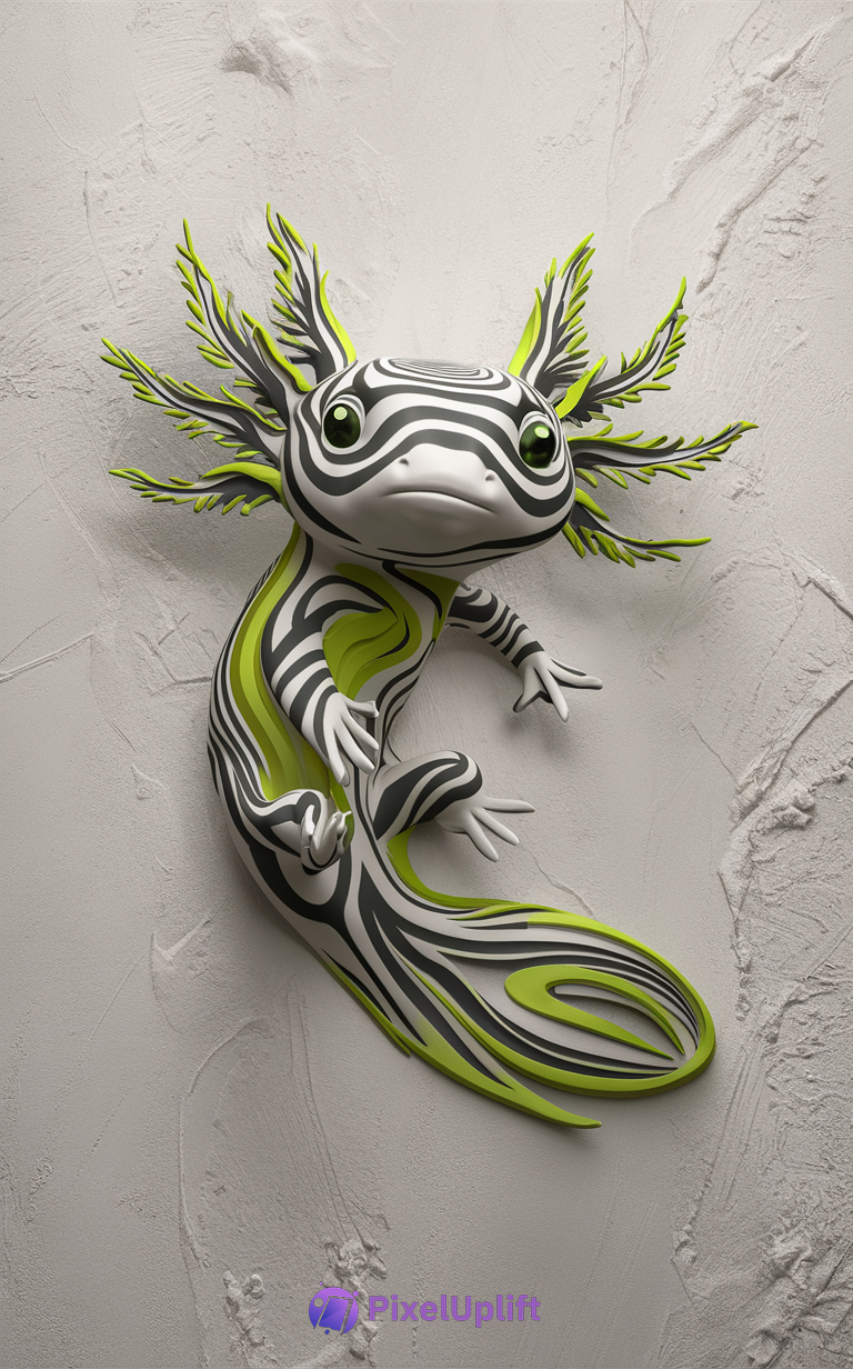 Stylized salamander with black and white stripes and lime green accents on a textured gray background phone wallpaper