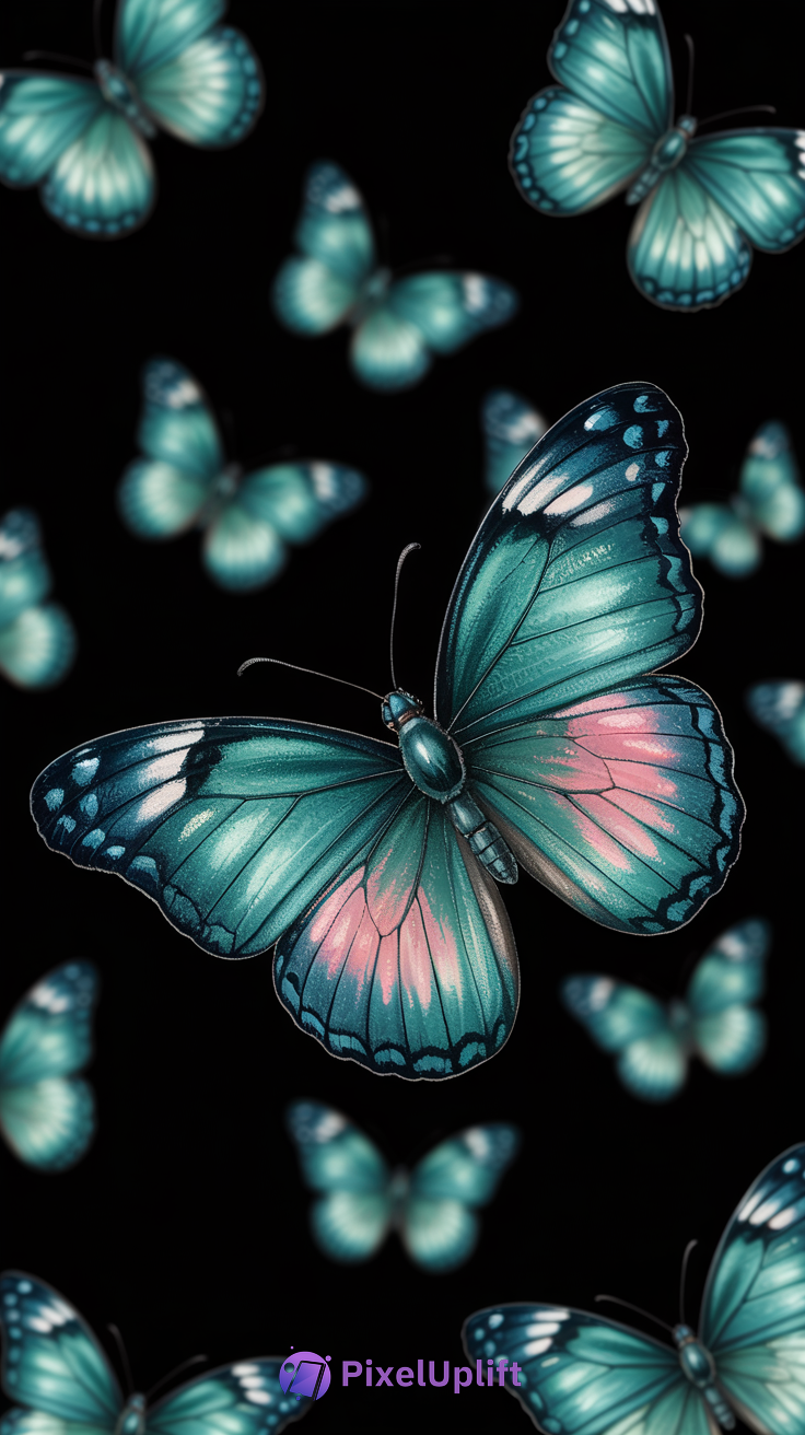 Vibrant teal butterflies with blue and green gradients on a dark black background phone wallpaper