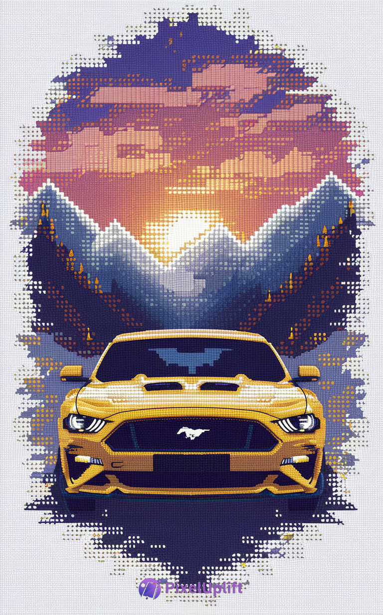 Pixel art style yellow Ford Mustang phone wallpaper with snowy mountains and colorful sunset sky