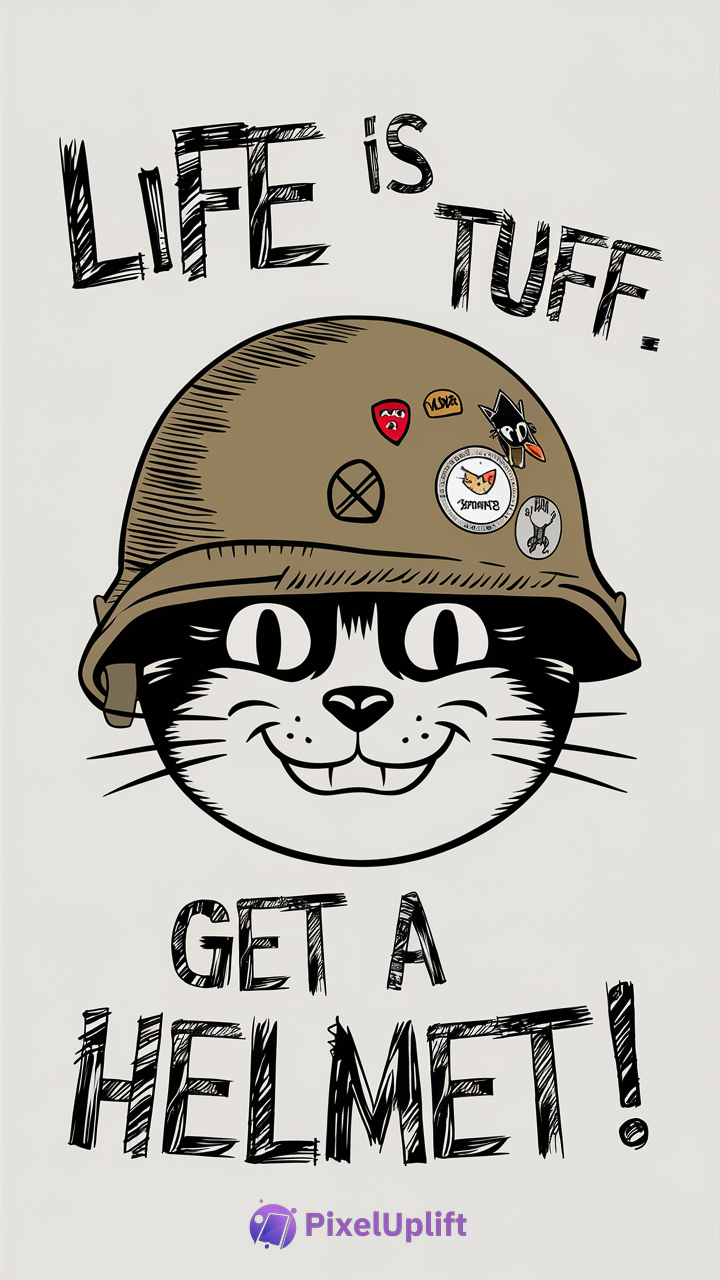 Cartoon cat face wearing a military helmet with patches and the text LIFE is TUFF GET A HELMET on a dark background phone wallpaper