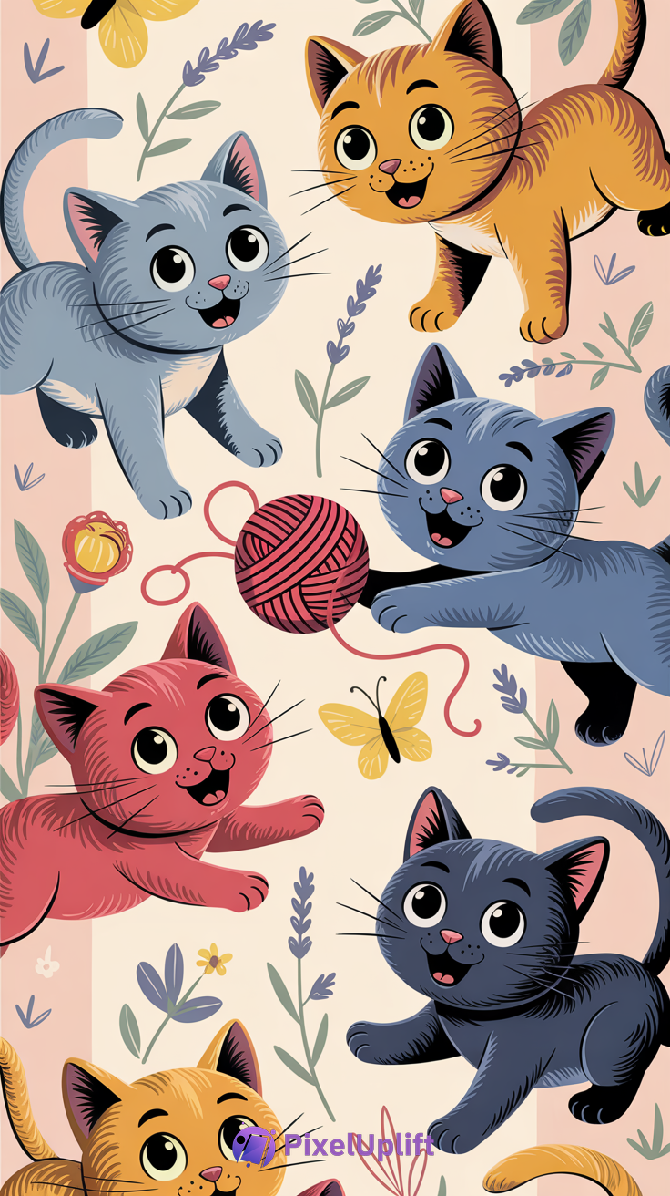 Playful colorful cartoon cats phone wallpaper with flowers butterflies and yarn ball