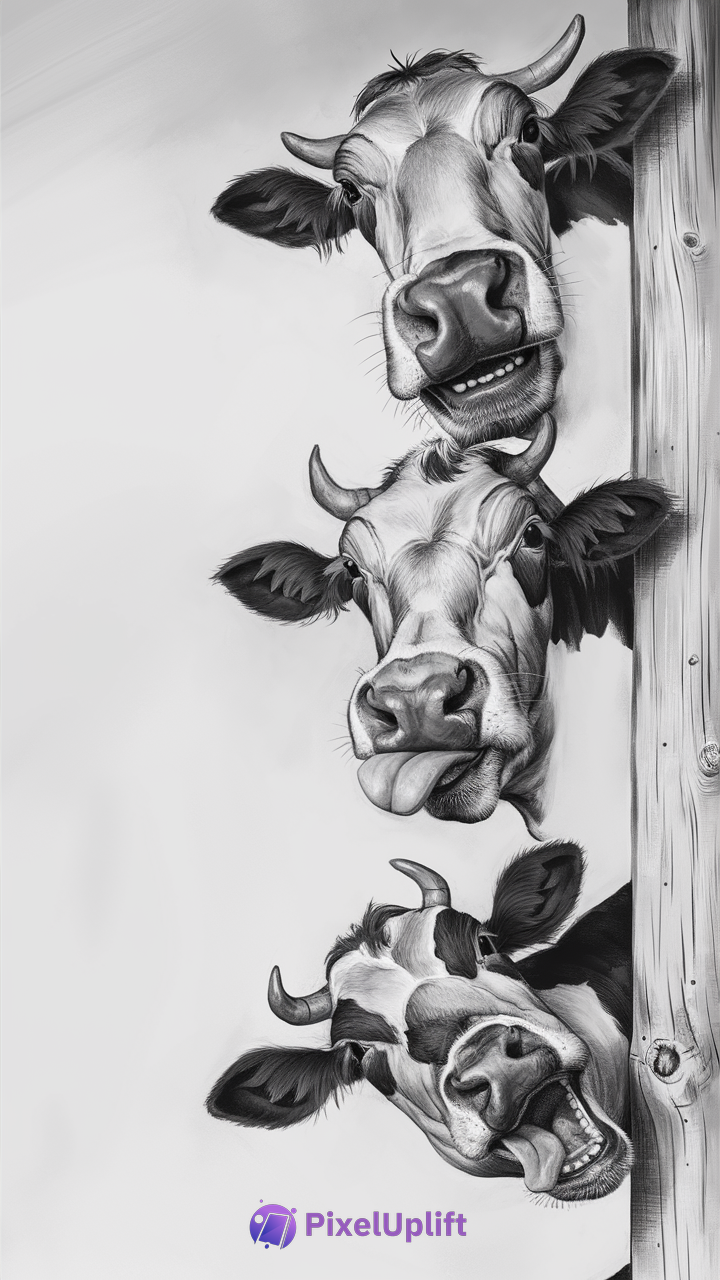 Black and white drawing of three playful cows peeking from behind a wooden post, cheeky expressions on a light background