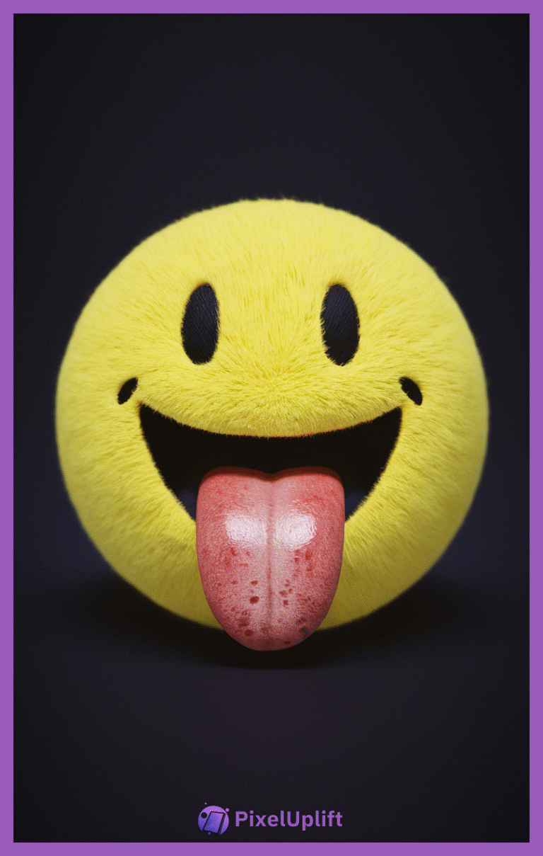 3D fuzzy yellow smiley face emoji with black eyes and red tongue on black background phone wallpaper lockscreen