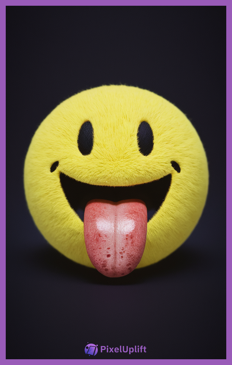 3D fuzzy yellow smiley face emoji with black eyes and red tongue on black background phone wallpaper lockscreen