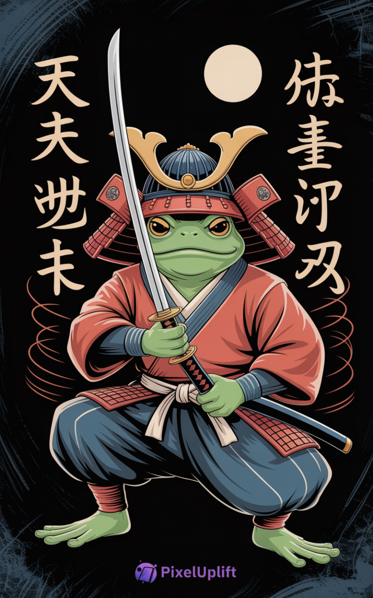 Artistic illustration of a frog dressed as a samurai warrior holding a katana in a crouching stance with Japanese kanji and a white sun circle on black background